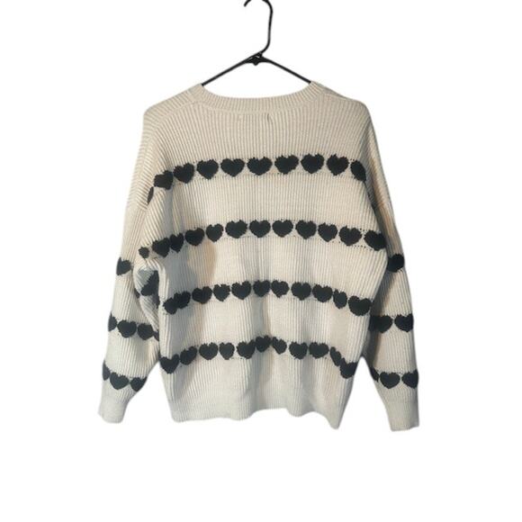 Emery Rose White Black Hearts Long Sleeve Crew Neck Knit Sweater Women Sz XL - Picture 2 of 8